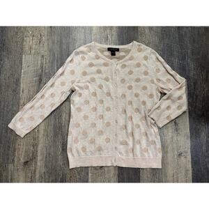 August Silk Heritage Polka Dot Cardigan Sweater Beige Gold Metallic Womens Large